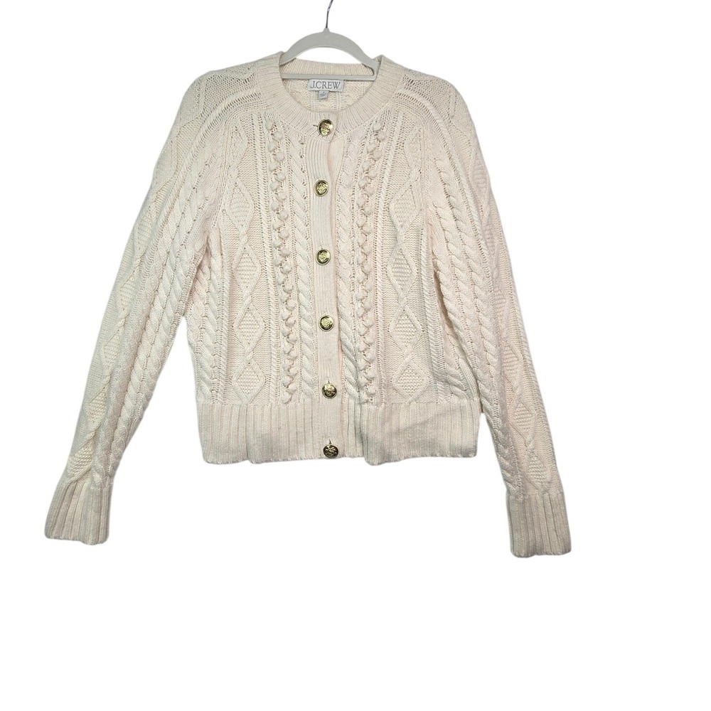 J.Crew Cardigan Sweater Womens S Ivory Cable Knit Gold Button Preppy